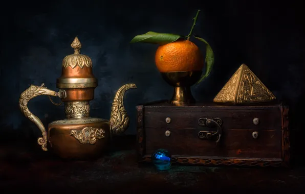 Old, the dark background, orange, ball, kettle, box, still life, box