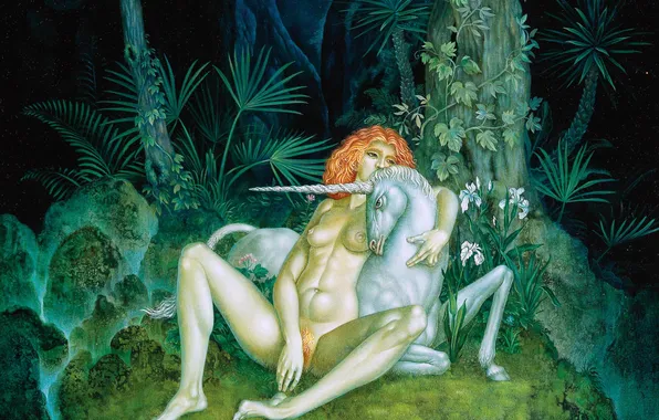 Girl, Trees, Forest, Picture, Unicorn, Naked, Austrian artist, Peter Proksch