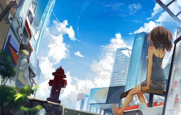 The sky, cat, girl, clouds, the city, home, anime, art