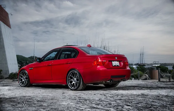 Sea, the sky, clouds, red, bmw, BMW, yachts, red