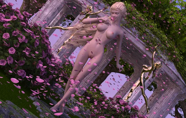 Girl, flowers, the wind, Bush, roses, petals, statue, nia