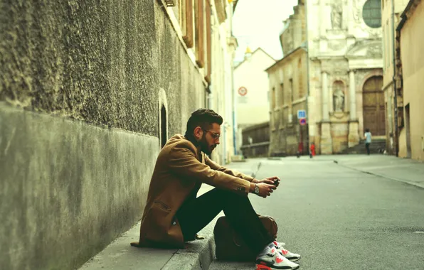 Street, beard, guy, sitting, sneakers