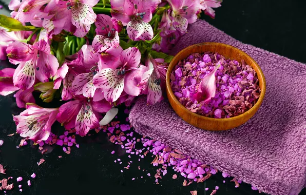 Flowers, towel, petals, Spa, purple