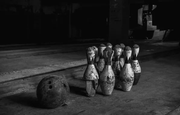 The ball, skittles, bowling