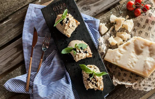 Bread, sandwiches, cutting Board, Basil, tomatoes-cherry, Parmesan cheese