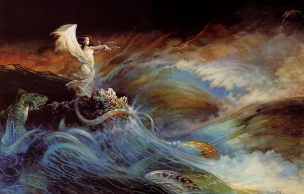 Sea, wave, chest, storm, woman, fantasy, witch, Nude
