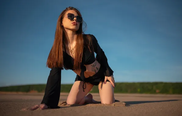 Picture girl, sexy, beautiful, model, tattoo, sweet, sunglasses, long-haired