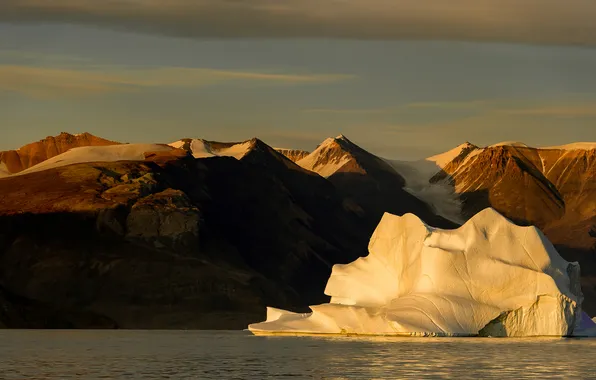Winter, light, mountains, rocks, shore, iceberg, pond
