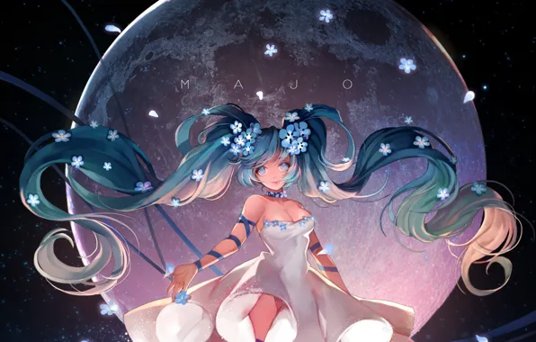 Space, The moon, vocaloid, Hatsune Miku, white dress, Vocaloid, blue hair, forget-me-nots