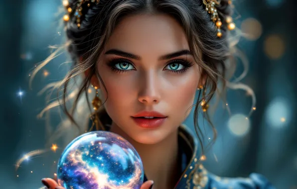 Look, girl, decoration, lights, magic, ball, hand, portrait