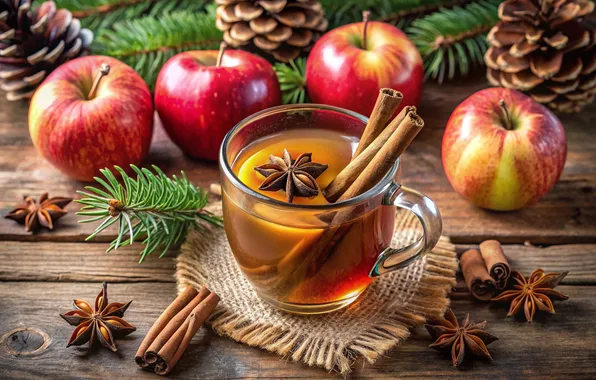 Glass, table, tea, apples, Board, Christmas, mug, Cup