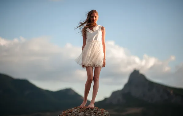 Girl, The wind, Hair, Dress, White, Legs, Beautiful, Koktebel