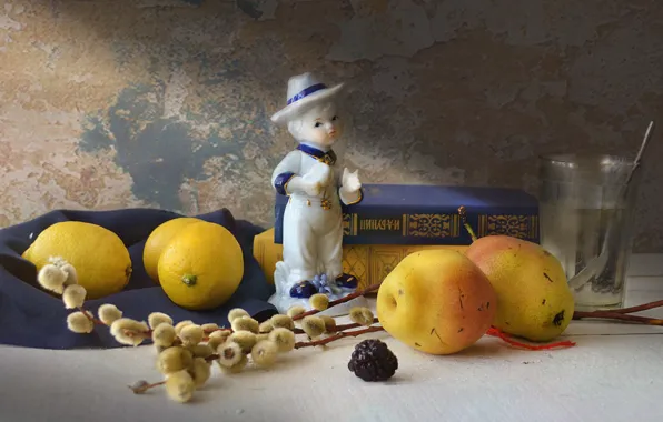 Glass, table, lemon, books, boy, spoon, figurine, still life
