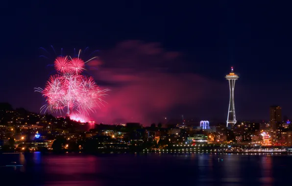 Night, the city, lights, fireworks, Seattle, panorama, July 4