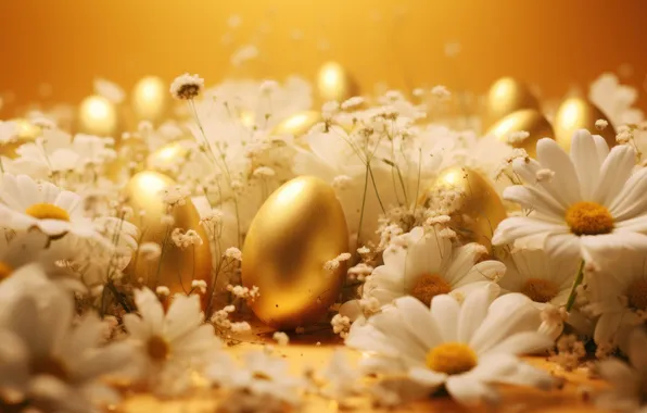 Flowers, holiday, egg, chamomile, eggs, spring, Easter, gold plated