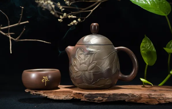 Flower, leaves, branches, the dark background, tea, kettle, Lotus, the tea party