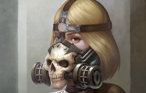 Picture look, girl, fiction, skull, art, gas mask, sci-fi