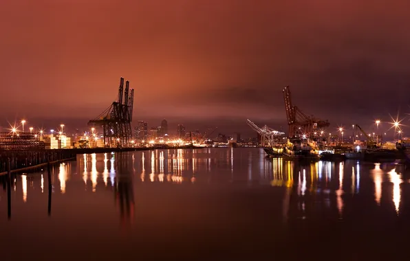 Picture light, the city, lights, reflection, port, cranes