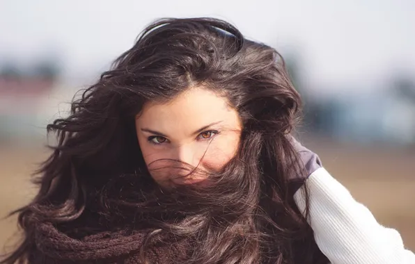 The wind, hair, portrait, brown-eyed