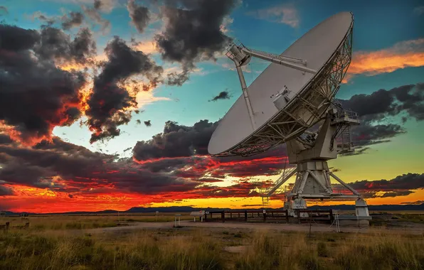 Landscape, sunset, twilight, radio telescope