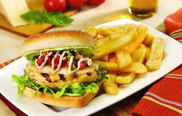 Meat, sandwich, vegetables, French fries