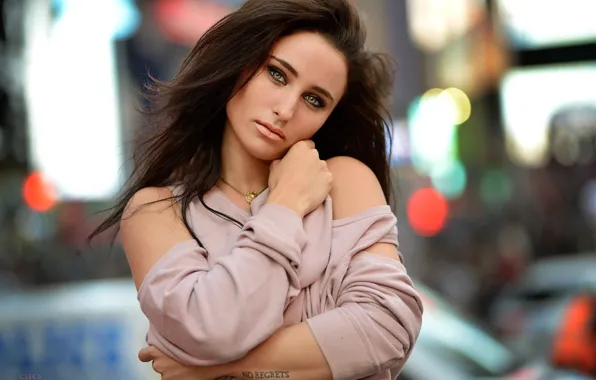 Look, pose, model, portrait, makeup, hairstyle, brown hair, bokeh