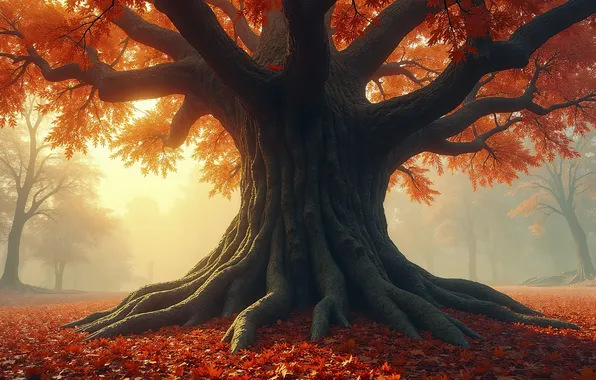 Autumn, fog, tree, branch, foliage, haze, AI art, neural network