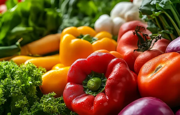 Greens, summer, light, yellow, red, harvest, pepper, vegetables