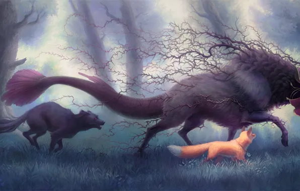 Fox, walk, werewolf, demons, black dog, fog in the forest, Bride of the sorcerer, Mahoutsukai …