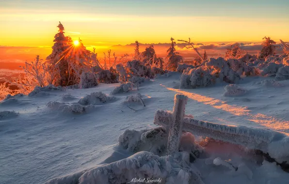 Winter, snow, sunset, Michał Sośnicki
