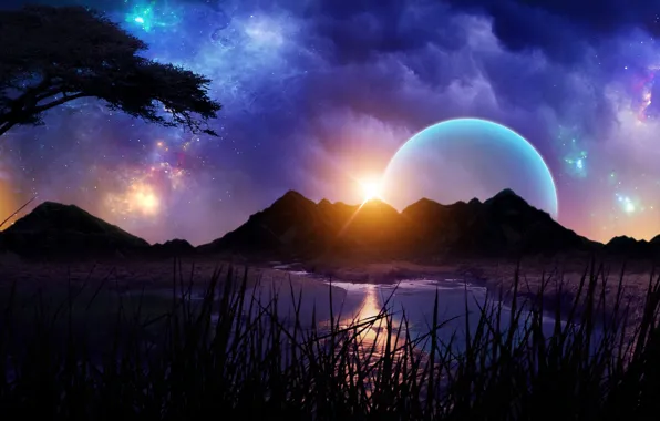 Universe, aurora, river, landscape, sunset, lake, stars, cosmos