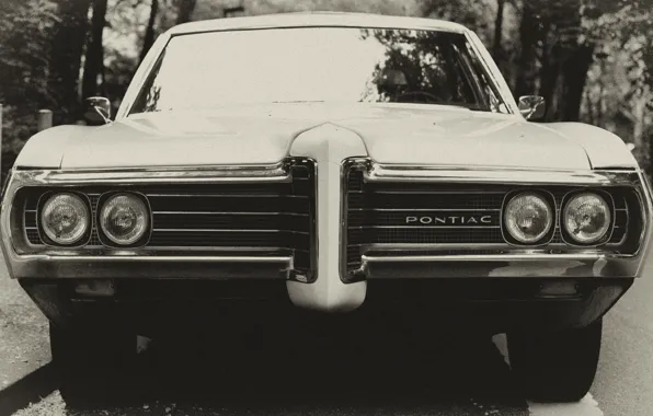 Pontiac, front, black and white, vehicle, transport, b/w