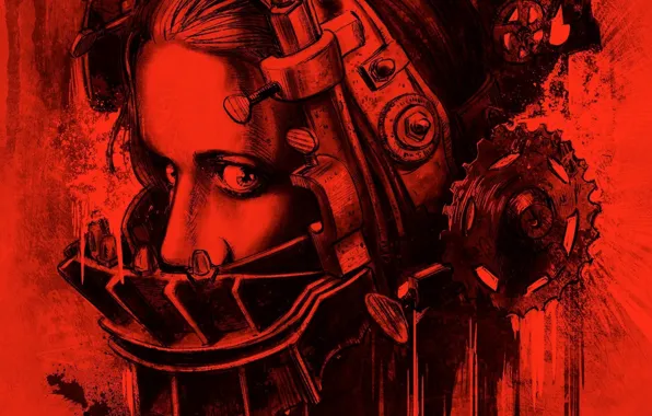 Picture metal, girl, blood, woman, eyes, gear, face, pain