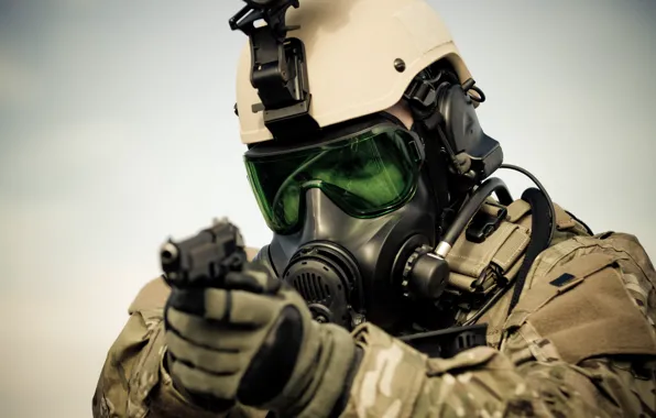 Picture gun, soldiers, gas mask, equipment, helmet