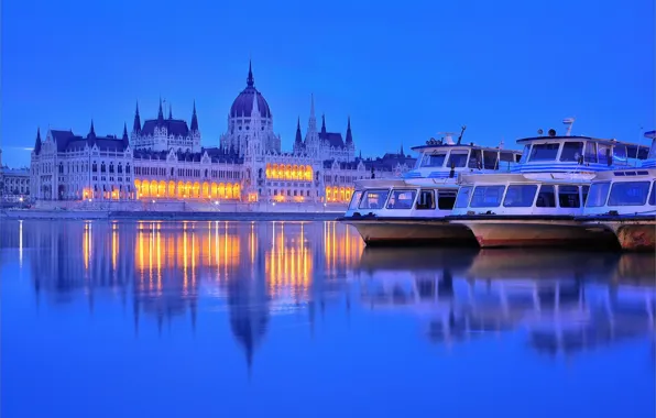 Lights, river, the evening, twilight, boats, Parliament, Hungary, Budapest