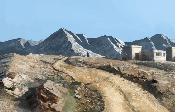 Landscape, mountains, stones, rocks, people, figure, village, art