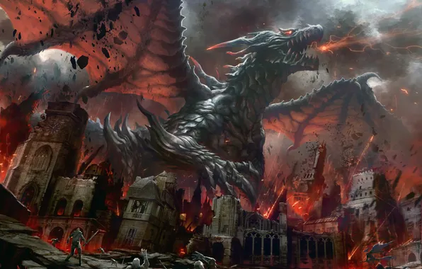 Picture the city, fire, Dragon, the ruins, battle