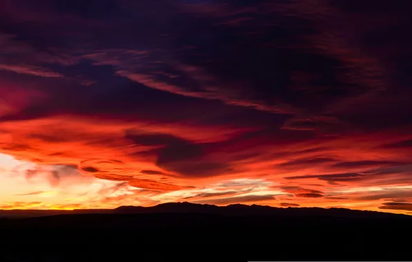 The sky, sunset, mountains, clouds, glow