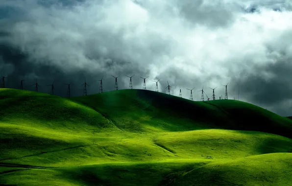 Picture the sky, clouds, hills, windmills