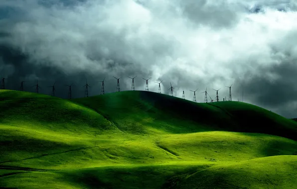 The sky, clouds, hills, windmills