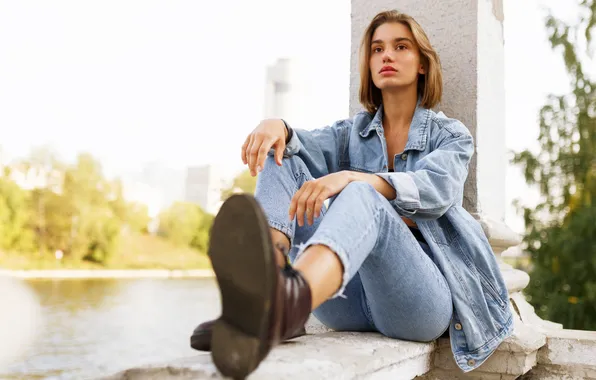 Picture calm, blonde, clothing, boots, confident, denim, casual, copy