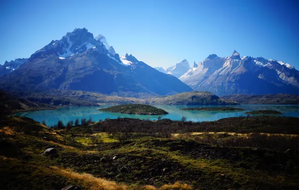 The sky, mountains, lake, Chile, Patagonia, Pehoe Lake