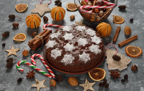 Sticks, pie, citrus, nuts, cinnamon, Christmas, cake, decor