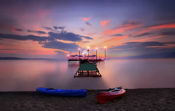 Beach, summer, sunset, boats, Marina. lights