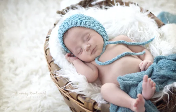 Basket, sleep, boy, baby, fur, cap, baby