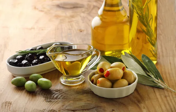 Bottle, bowl, olives, olives, olive oil