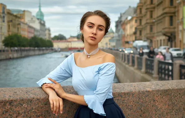 Picture look, bridge, the city, pose, river, model, skirt, portrait