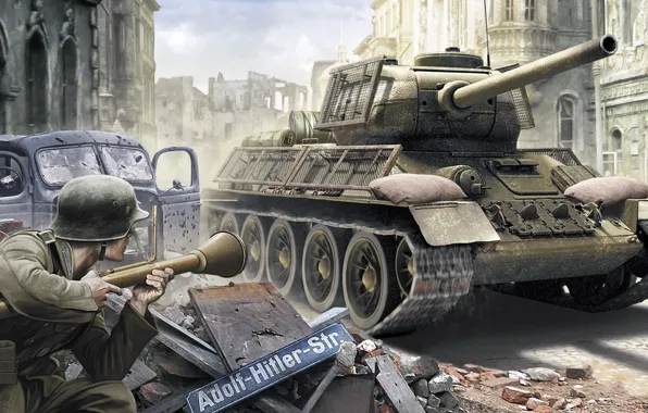 Picture war, figure, art, ambush, soldiers, The red army, T-34-85, Soviet medium tank during world war …