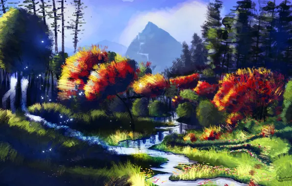 Picture autumn, trees, landscape, nature, art, river, painting