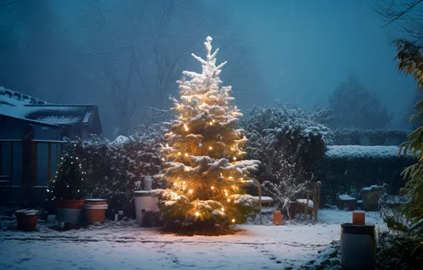 Picture winter, snow, decoration, night, lights, lights, balls, tree
